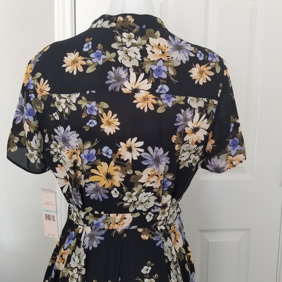 nanette Black Dream Cloud Midi Dress 8 Belted NWT Floral Short Sleeve Flowy - Picture 8 of 16